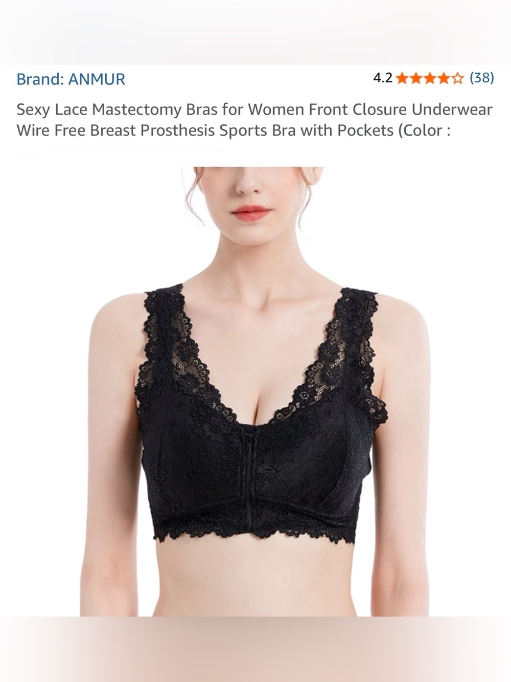 Black Lace Front-Closure Mastectomy Bra with Prosthesis Pockets